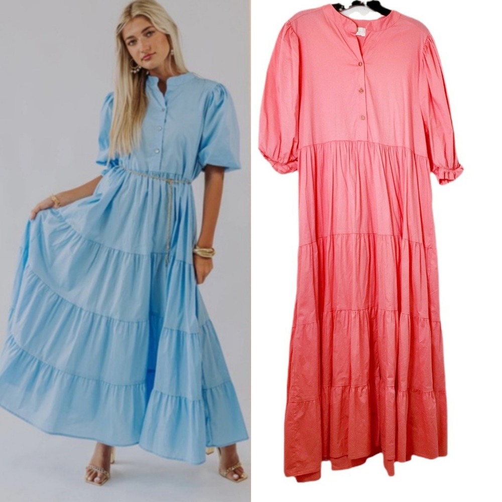 Karlie Coral Tiered Maxi Dress Pink Orange‎ Cotton Puff Sleeve Size Large